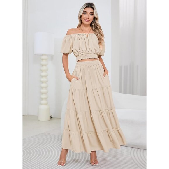 Summer 2 Piece Boho Outfit Women Short Sleeve Off Shoulder Crop Top Max Skirt - Picture 2 of 7